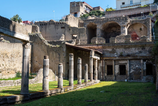 HERCULANEUM, ITALY - MAY 05, 2022 - Yard of the Palestra in ancient Herculaneum, Italy
