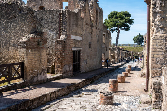 HERCULANEUM, ITALY - MAY 05, 2022 - Abandoned street Cardo IV Superiore in the ancient town of Herculaneum