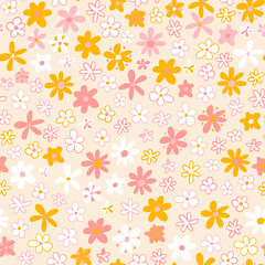 Cute flower power seamless repeat pattern. Random placed, vector hand drawn retro floral heads all over surface print.