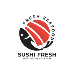 Sushi Logo Design With Fish. Isolated In White Background. Modern Design. Flat Logo. Sushi Logo. Sushi. Vector Illustration © chusni