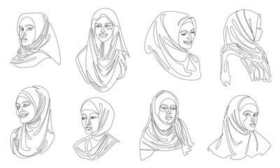 Collection. Girl head silhouettes. Lady in hijab, scarf, arabic muslim headdress, headscarf. Female face in modern single line style. Solid line, sticker outline, logo. Vector illustration set.