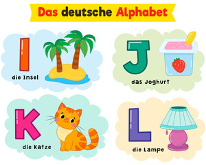 german alphabet. written in German island, yogurt, lamp, cat