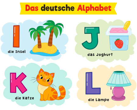 german alphabet. written in German island, yogurt, lamp, cat