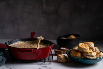 Biscuits and gray on an enameled cat iron skillet