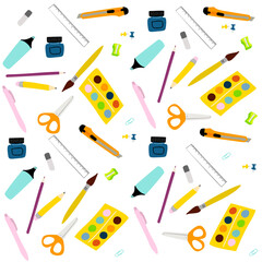 Seamless pattern with colorful stationery Illustration, paint, brush, marker, pen, ruler of on white background