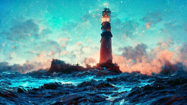 A lightower standing close to a harsh and unfriendly dark ocean sheding his light