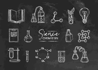 Vector set collection with elements of Chemistry science, chalk style on black board. Chalk doodles on textured chalkboard. Back to school and college supples. Isolated. 