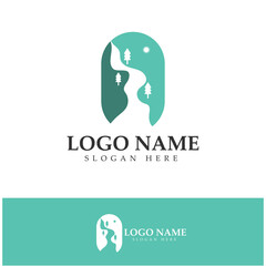 River mountain sun Logo vector icon illustration design template