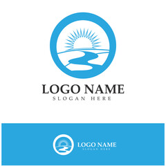 River mountain sun Logo vector icon illustration design template