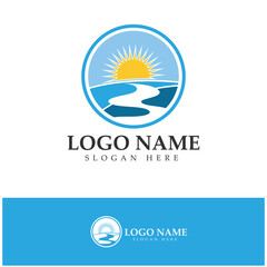 River mountain sun Logo vector icon illustration design template
