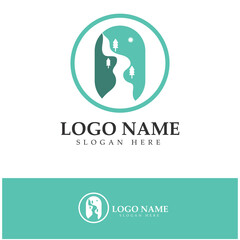 River mountain sun Logo vector icon illustration design template