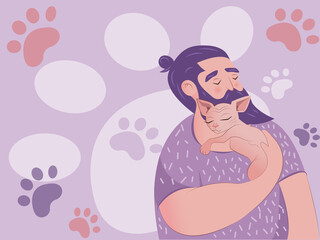 A man carefully hugs his cat. Postcard for the international cat day on August 8. Happy pets Print to greeting card, poster, flyer.