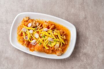 crispy chicken with mango sauce or Ayam Saus Mangga. The taste is savory spicy and a little sweet.