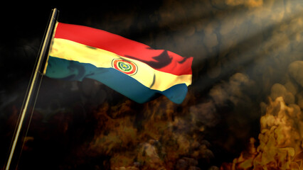 bokeh Paraguay flag on smoke with sun rays backdrop - disaster concept - abstract 3D illustration
