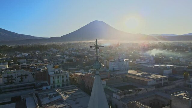 Aerial view of the Misti Volcano in the city of Arequipa at sunrise