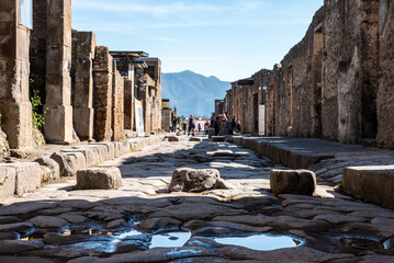 A crosswalk of a typical Roman road in the ancient city of Pompeii, Italy