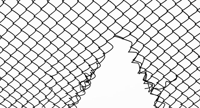 Steel mesh fence with torn hall in it. damage wire mesh over white background. Mesh netting with hole, gap  isolated on white backdrop.