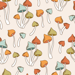 Seamless pattern retro 70s hippie. Psychedelic groove elements. Background with mushroom in vintage style. Illustration with positive symbols for wallpaper, fabric, textiles. Vector - 520226710