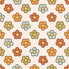 Seamless pattern retro 70s hippie. Minimalistic background with colorful flower in vintage style. Illustration with positive symbols for wallpaper, fabric, textiles. Vector