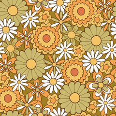 Seamless pattern retro 70s hippie. Background with colorful flower in vintage style. Illustration with positive symbols for wallpaper, fabric, textiles. Vector - 520226741