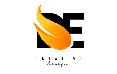 Vector illustration of abstract letters DE d e with fire flames and Orange Swoosh design.