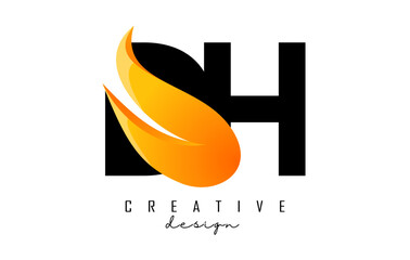 Vector illustration of abstract letters DH d h with fire flames and Orange Swoosh design.