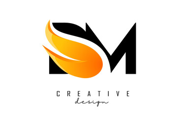 Vector illustration of abstract letters DM d m with fire flames and Orange Swoosh design.