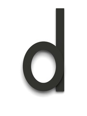 Small letter d made of several black simple geometric shapes lying on top of each other with 3D effect and shadows on white background, 3d rendering