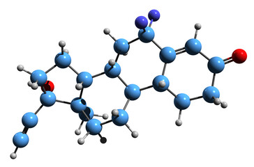  3D image of Difluoronorethisterone skeletal formula - molecular chemical structure of  steroidal progestin isolated on white background
