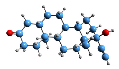  3D image of Dihydroethisterone skeletal formula - molecular chemical structure of DHET isolated on white background
