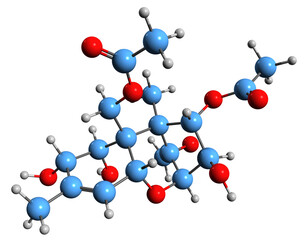  3D image of dihydroxydiacetoxyskirpenol skeletal formula - molecular chemical structure of Mycotoxin isolated on white background

