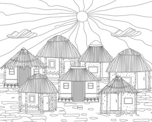 village with cute houses. sunrise with clouds for your coloring