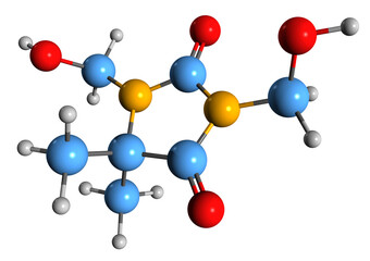 Obraz premium 3D image of DMDMH hydantoin skeletal formula - molecular chemical structure of antimicrobial formaldehyde releaser preservative isolated on white background 