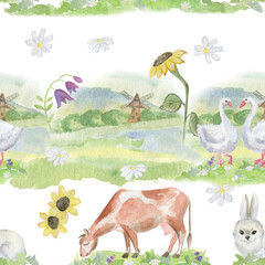 Rural landscape with  cow, geese, bunny. Watercolor illustration. Semless pattern.