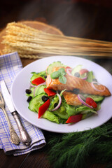 Appetizing salmon fish out of the oven with salad and olives
