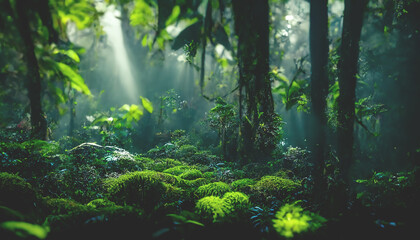 Fototapeta na wymiar Exotic foggy forest. Jungle panorama, forest oasis. Foggy dark forest. Natural forest landscape. 3D illustration.