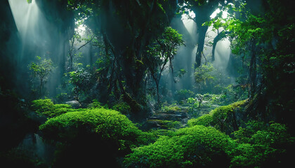 Obraz na płótnie Canvas Exotic foggy forest. Jungle panorama, forest oasis. Foggy dark forest. Natural forest landscape. 3D illustration.