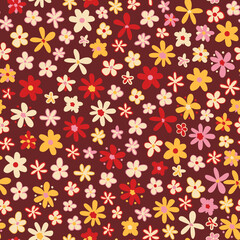 Retro flower power seamless repeat pattern. Random placed, vector ditsy daisy all over surface print on dark red background.