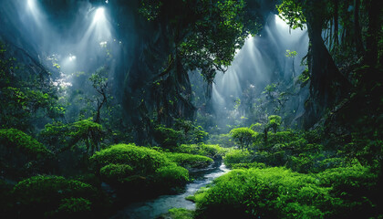 Obraz premium Exotic foggy forest. Jungle panorama, forest oasis. Foggy dark forest. Natural forest landscape. 3D illustration.