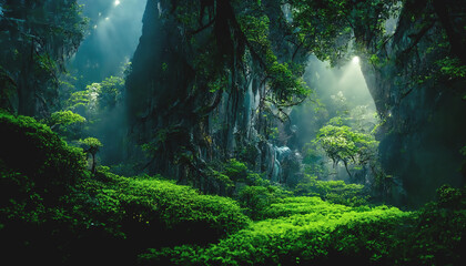 Exotic foggy forest. Jungle panorama, forest oasis. Foggy dark forest. Natural forest landscape. 3D illustration. - obrazy, fototapety, plakaty