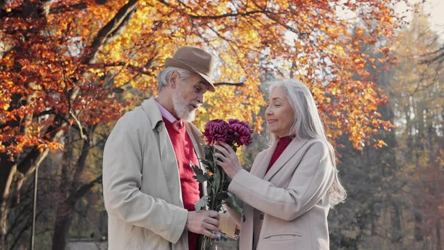 Smiling elderly gray-haired man bringing beautiful bouquet to charming old lady. Middle aged spouses enjoying time together in autumn park. Flowers, romantic relationship and dating concept.