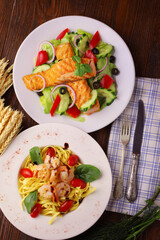 delicious seafood and salmon and lettuce dishes