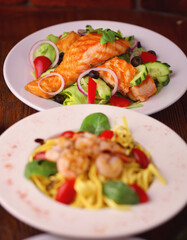 Delicious dinner set - salmon with lettuce