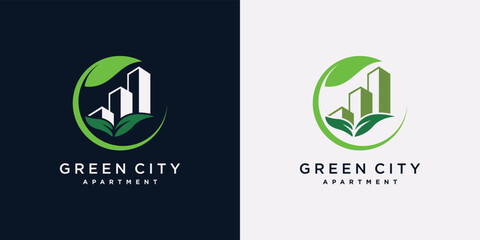 Green city building logo design template with leaf element and creative concept