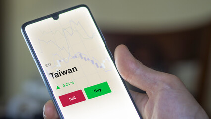 Un investisseur analyse un fonds etf taïwan sur un graphique. Un téléphone affiche le cours de l'ETF. Texte en français francais Taïwan
