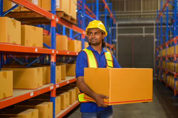 Young mixed race male worker wearing helmet lifting cardboard box in warehouse, machinery and Logistics concept.