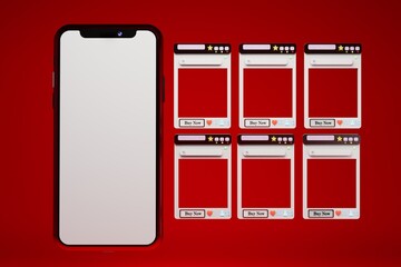 modern technologies. internet shopping. big smartphone with a white display on a red background. blank pages of an online store for placing goods available for purchase. 3d render. 3d illustration