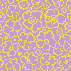 Hand drawn flower heads seamless repeat pattern. Random placed, vector floral botany all over surface print on lilac background.