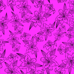 seamless floral pattern of black contour flowers on a magenta background, texture, repeat pattern, design