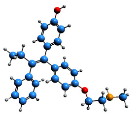  3D image of  Endoxifen skeletal formula - molecular chemical structure of Desmethylhydroxytamoxifen isolated on white background
